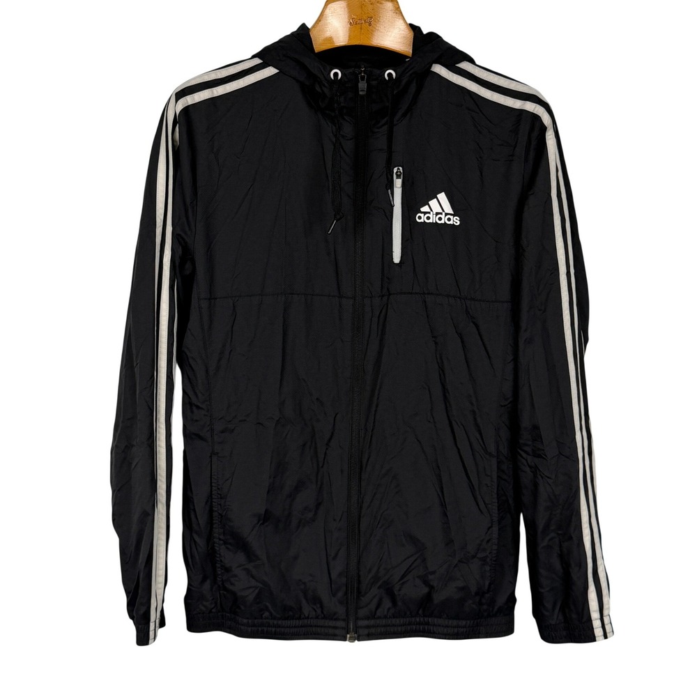 Adidas Men's Small Black Hooded Windbreaker Jacket Full Zip 3 Stripe Lightweight